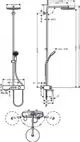 Hansgrohe Duschsystem mit ovalem Kopf, flexibler Handbrause und Thermostatsteuerung. Abmessungen und Montagepunkte schematisch dargestellt.